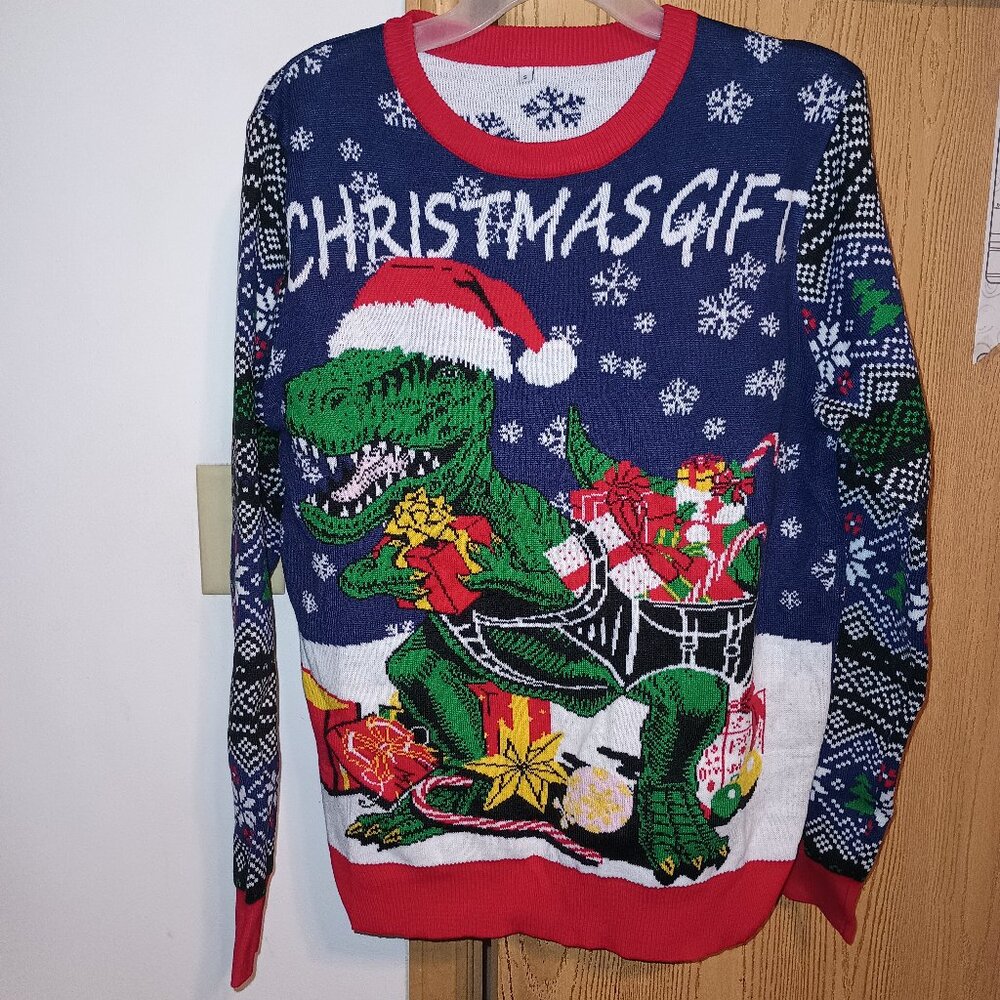 NWOT "Christmas Gift" T rex Dinosaur Holiday Sweater Small UNISEX